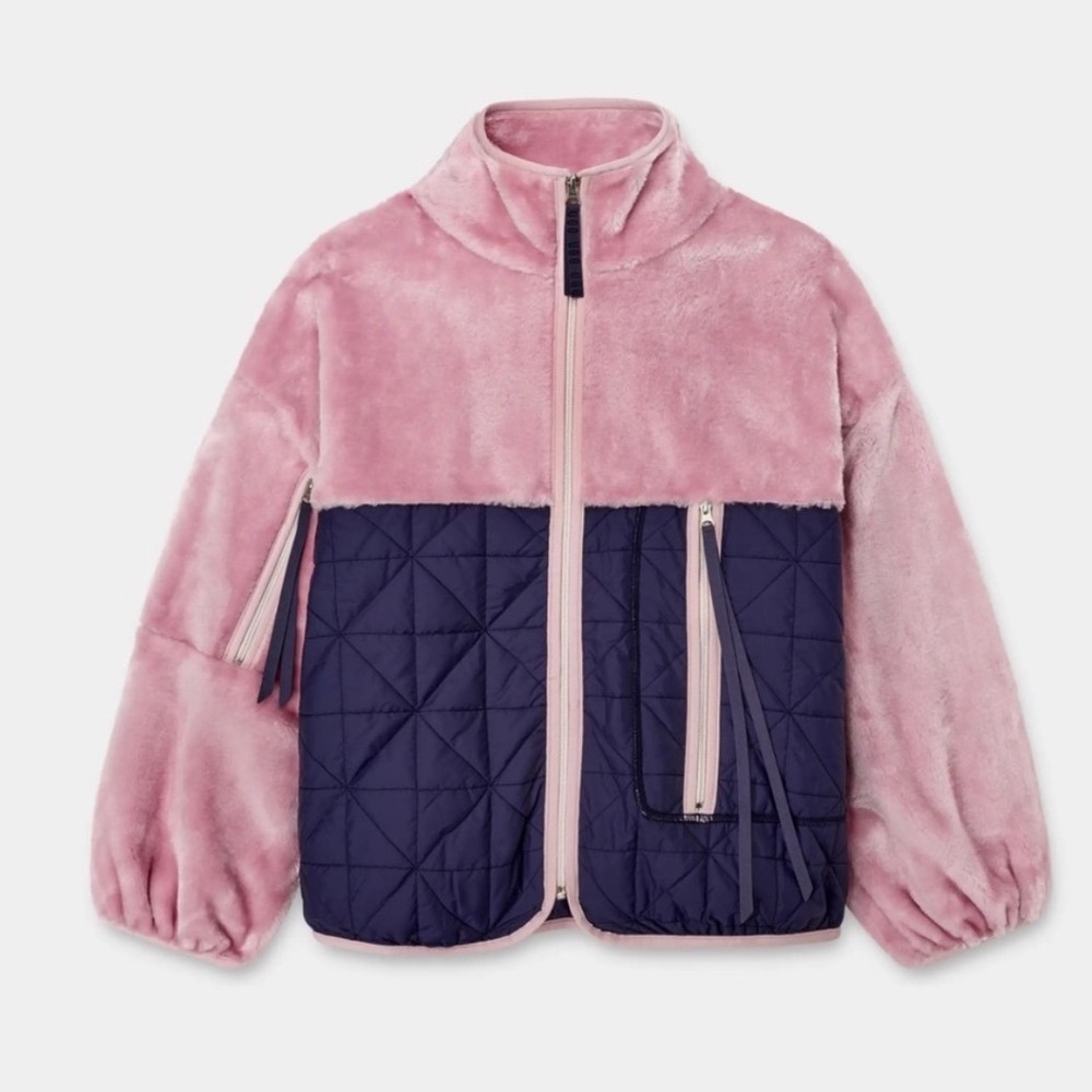 UGG‎ Marlene Colorblock Faux Fur Quilted Jacket Pink Navy Zip Front Women's L